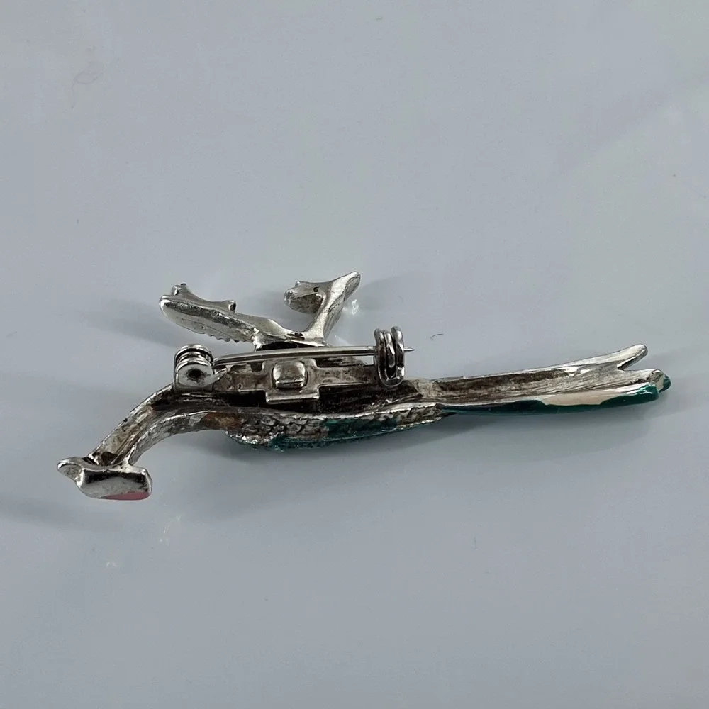 Vintage Silver Tone Teal Enamel Rhinestone Peacock Bird Brooch Pin Figural Art‎